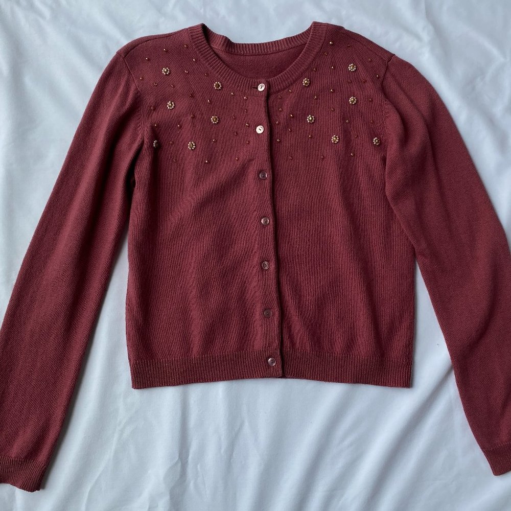 Calypso Dusty Rose Pink Cashmere Cardigan Sweater with Faux Pearls, Size M.